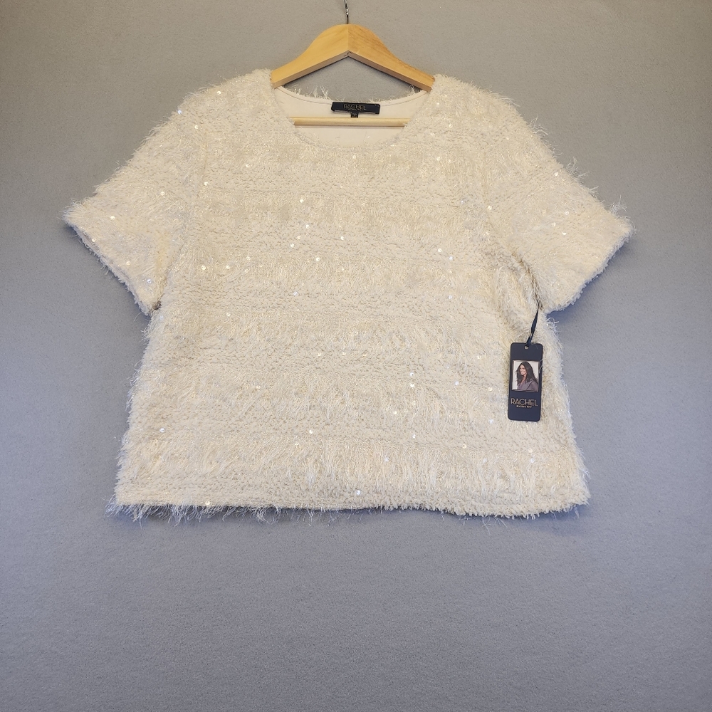 ​NWT Rachel Roy Cream Eyelash Fringe Sequin Boxy Cropped Top Blouse Large